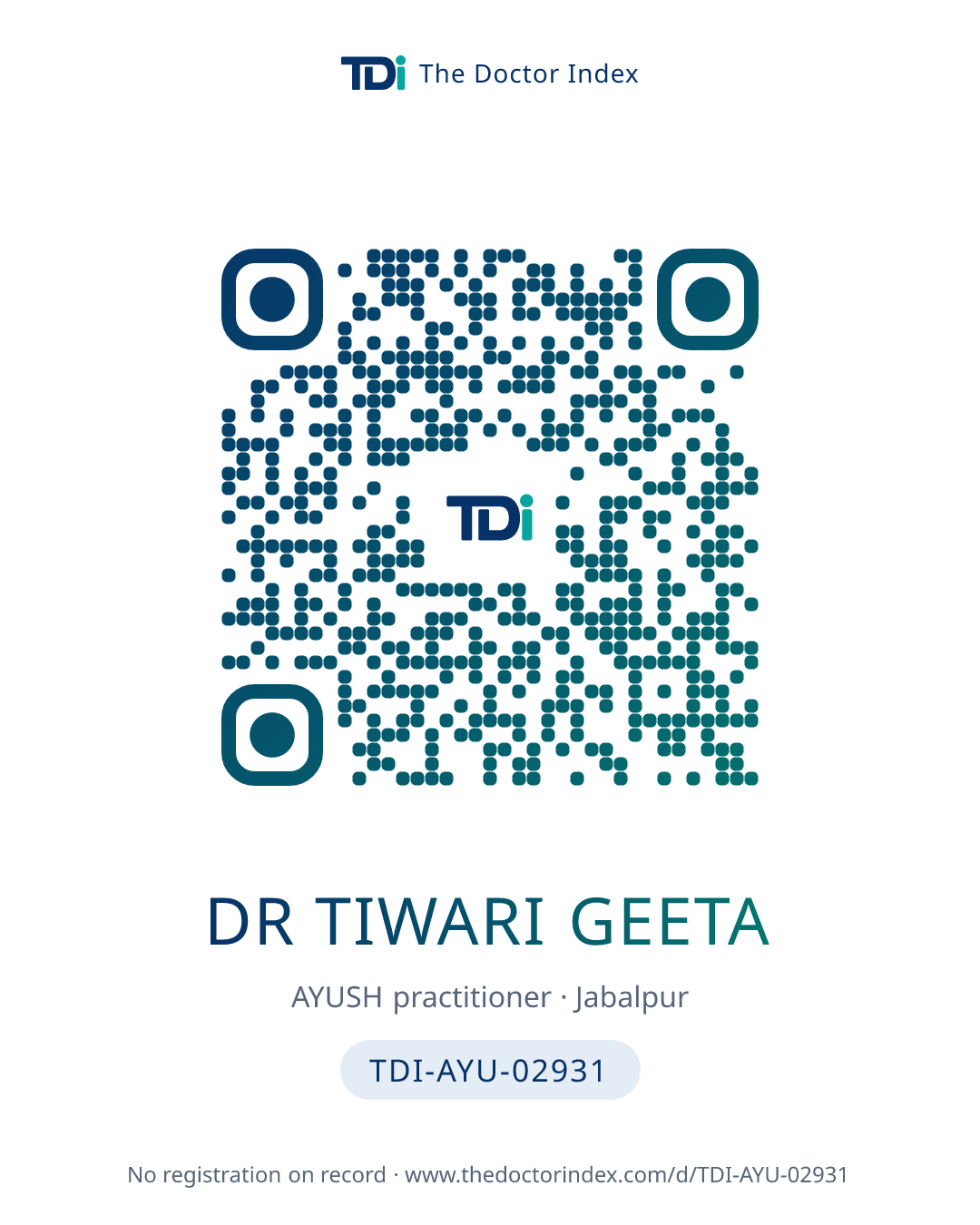 QR card for Dr Tiwari Geeta, TDI-AYU-02931