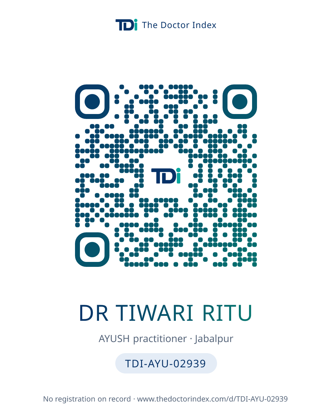 QR card for Dr Tiwari Ritu, TDI-AYU-02939