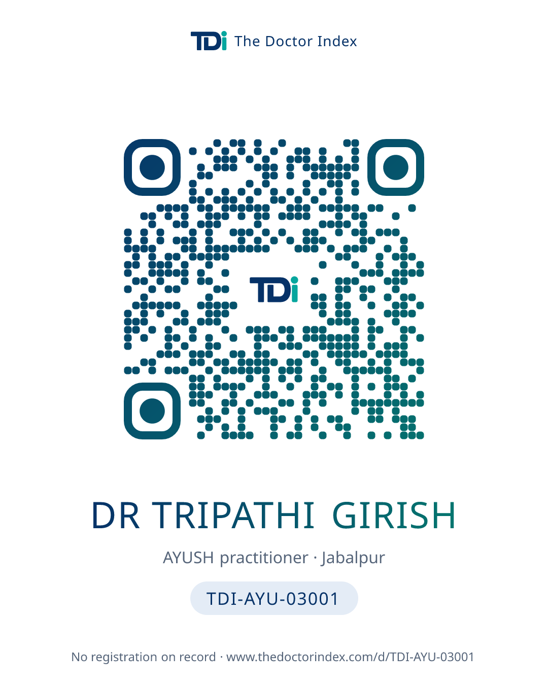 QR card for Dr Tripathi Girish, TDI-AYU-03001