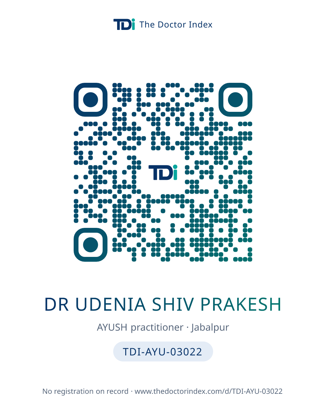 QR card for Dr Udenia Shiv Prakesh, TDI-AYU-03022
