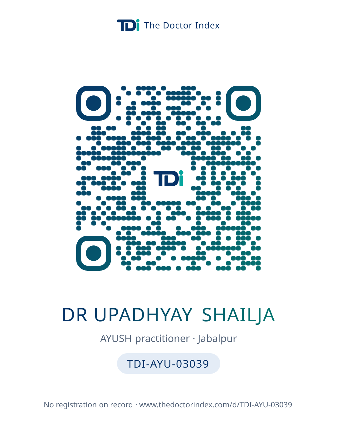 QR card for Dr Upadhyay Shailja, TDI-AYU-03039