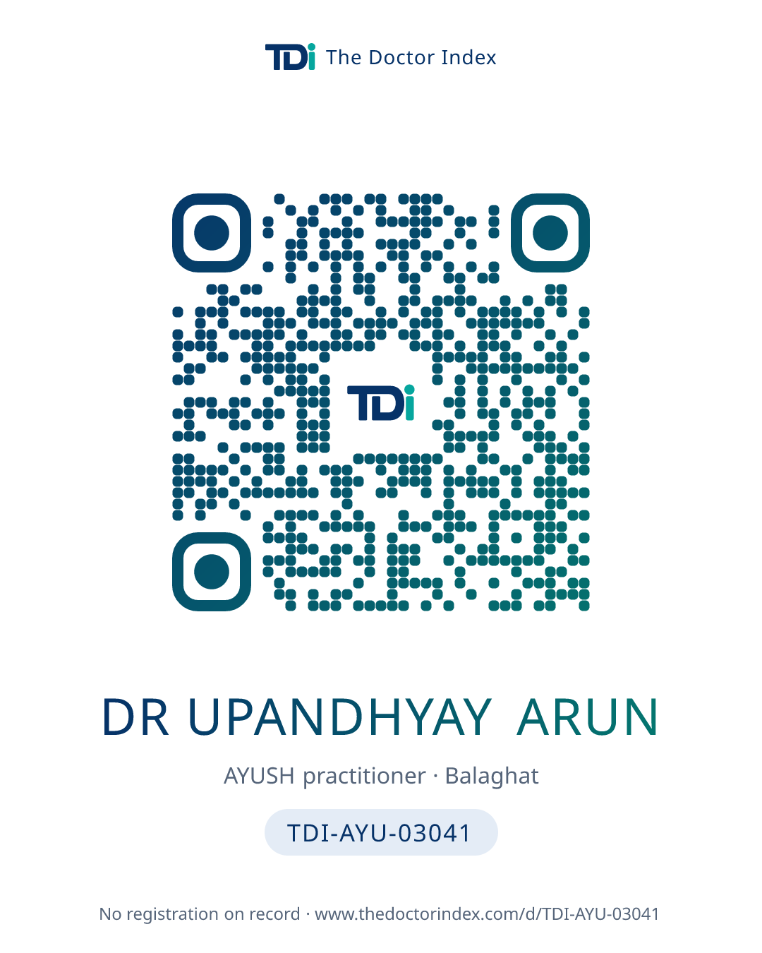 QR card for Dr Upandhyay Arun, TDI-AYU-03041