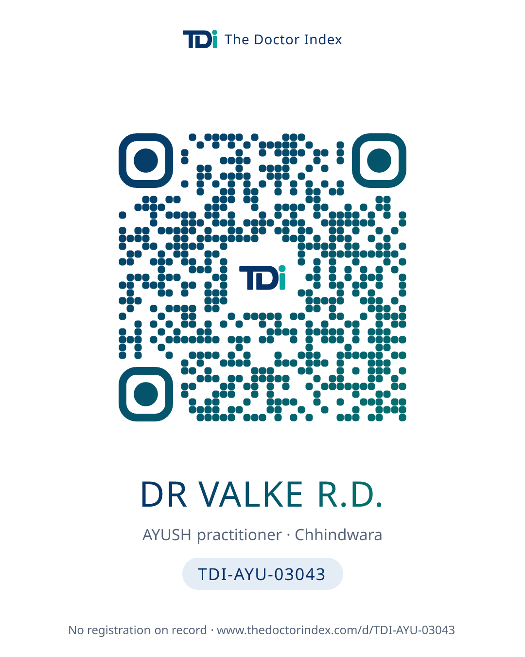 QR card for Dr Valke R.D., TDI-AYU-03043