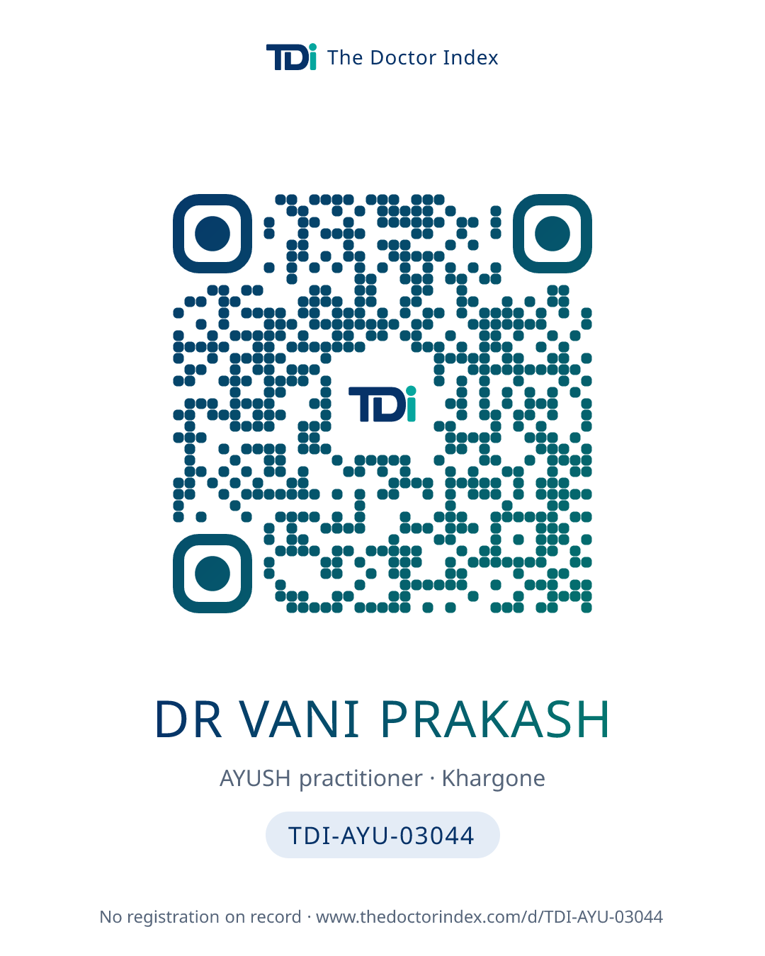 QR card for Dr Vani Prakash, TDI-AYU-03044