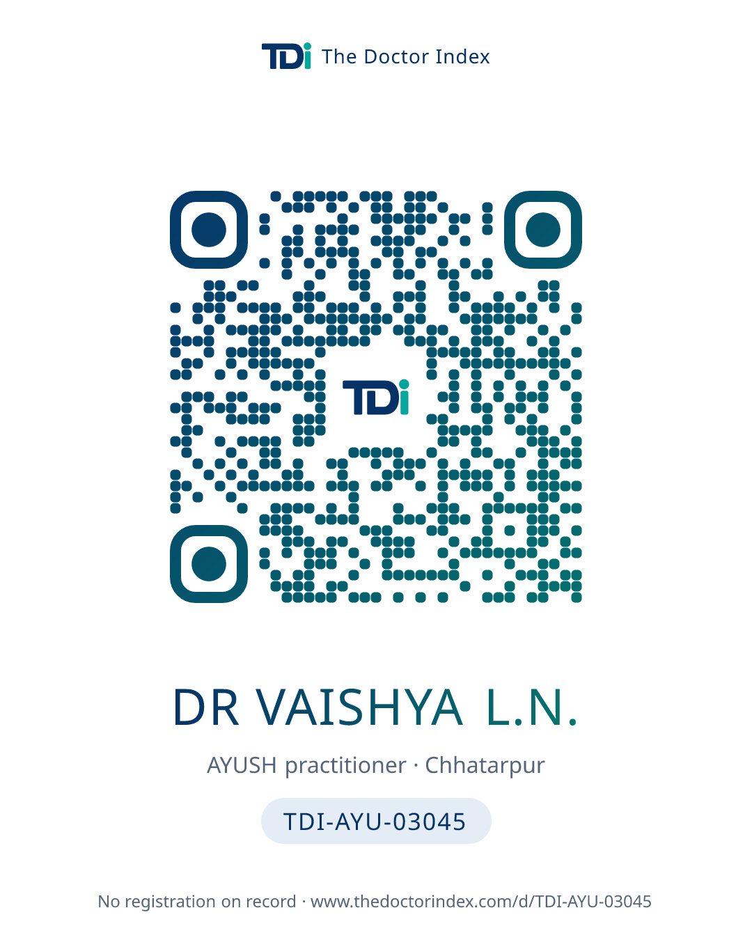 QR card for Dr Vaishya L.N., TDI-AYU-03045
