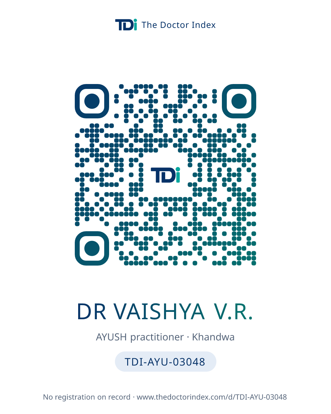 QR card for Dr Vaishya V.R., TDI-AYU-03048
