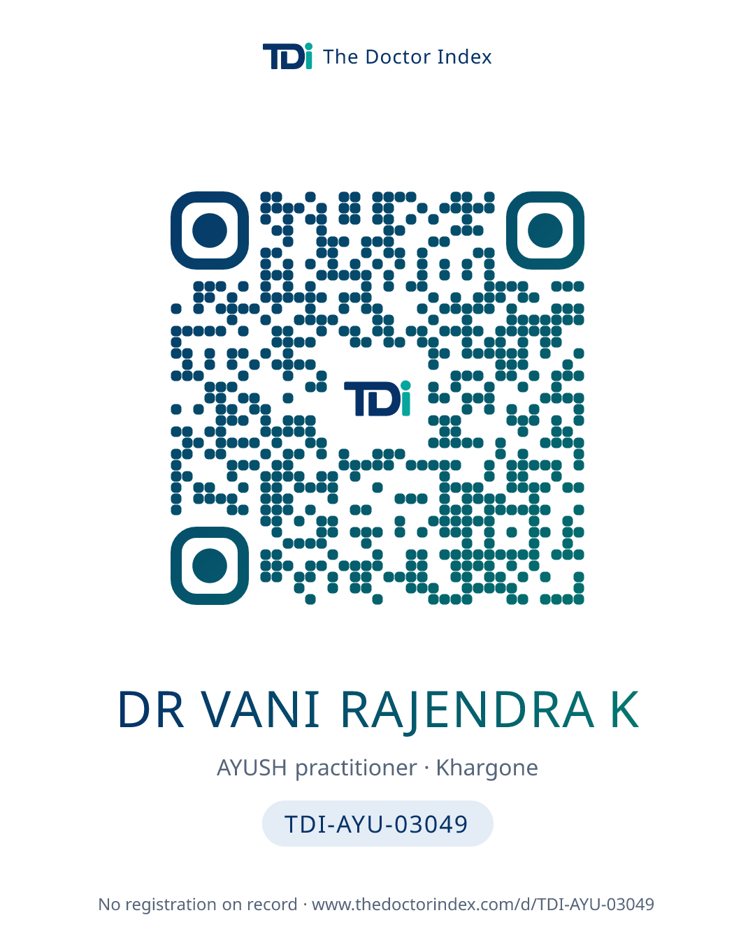 QR card for Dr Vani Rajendra K, TDI-AYU-03049