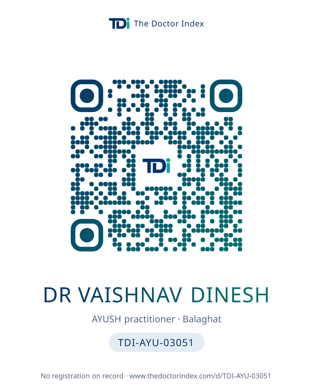QR card for Dr Vaishnav Dinesh, TDI-AYU-03051