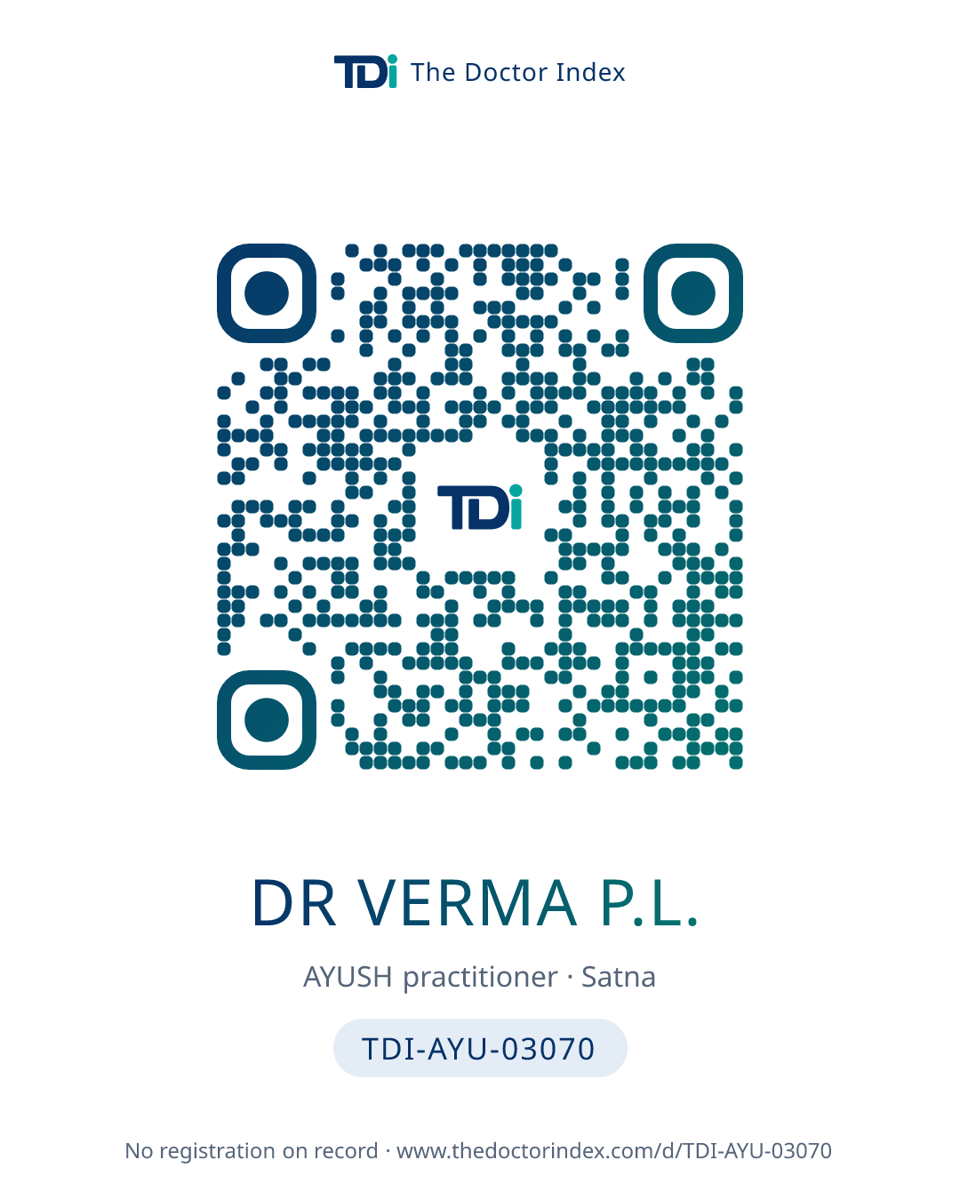 QR card for Dr Verma P.L., TDI-AYU-03070