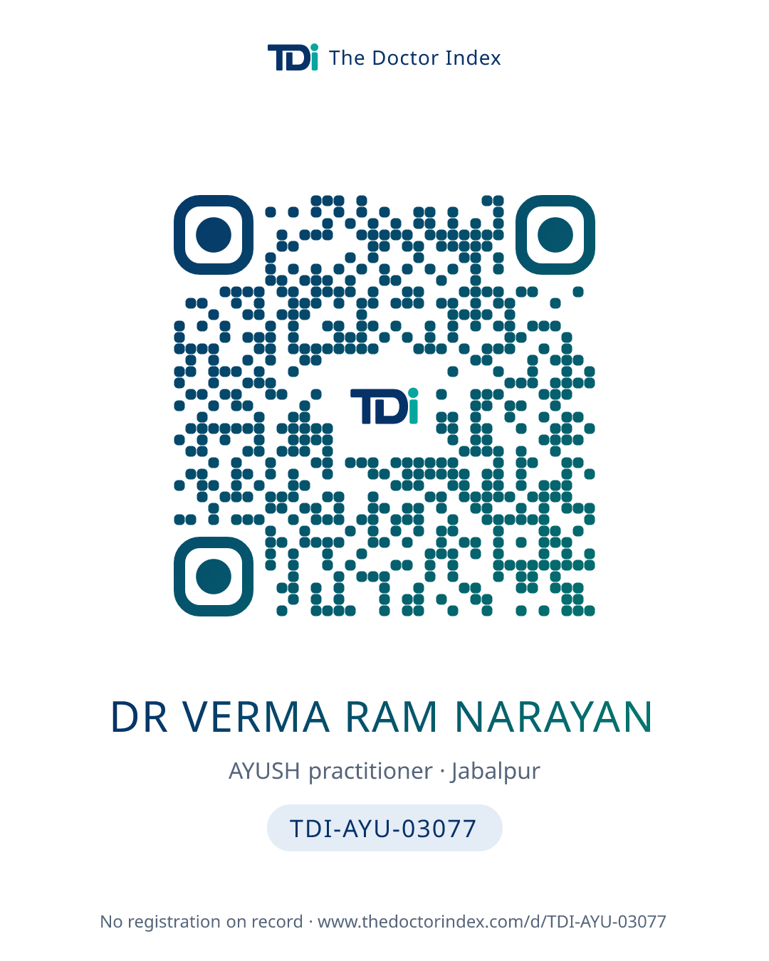 QR card for Dr Verma Ram Narayan, TDI-AYU-03077