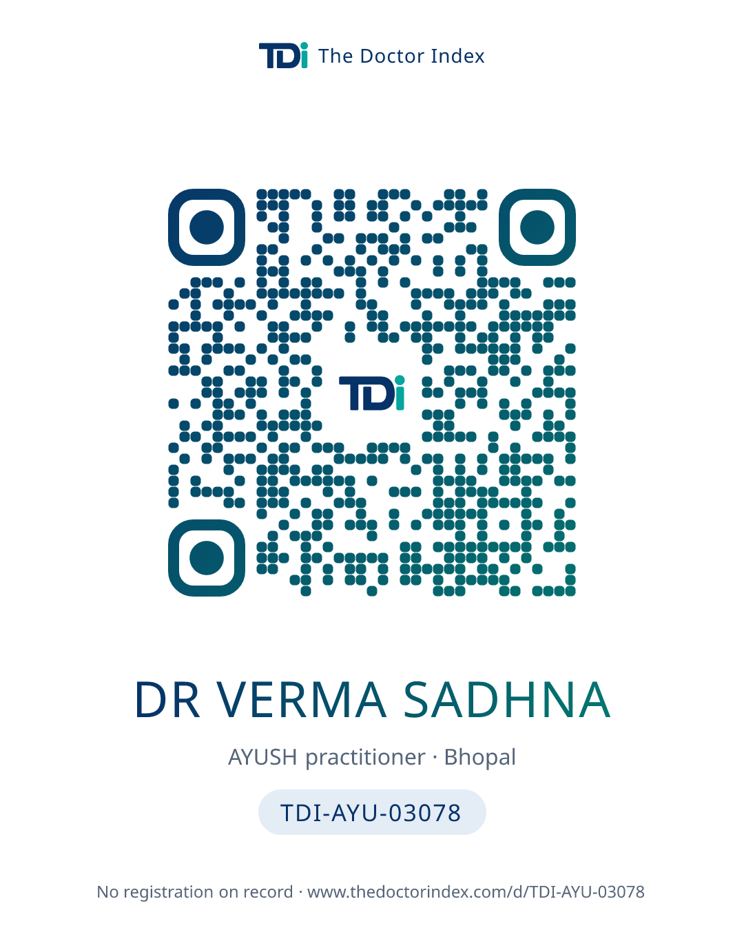 QR card for Dr Verma Sadhna, TDI-AYU-03078