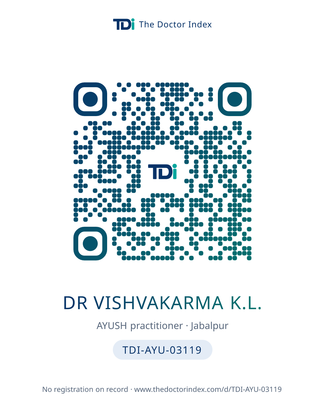QR card for Dr Vishvakarma K.L., TDI-AYU-03119