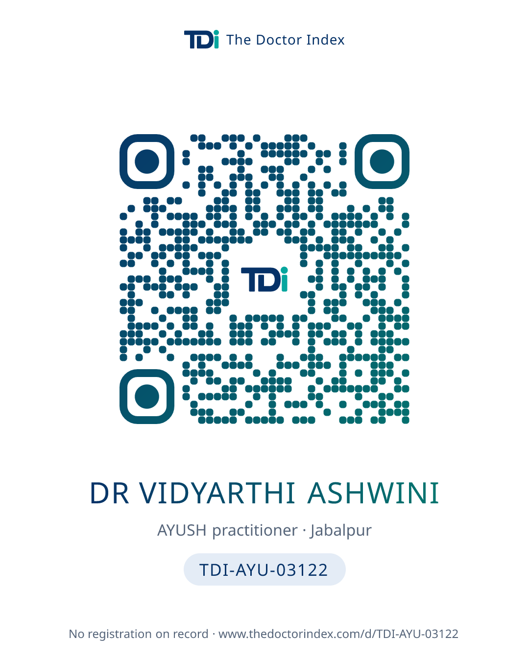 QR card for Dr Vidyarthi Ashwini, TDI-AYU-03122