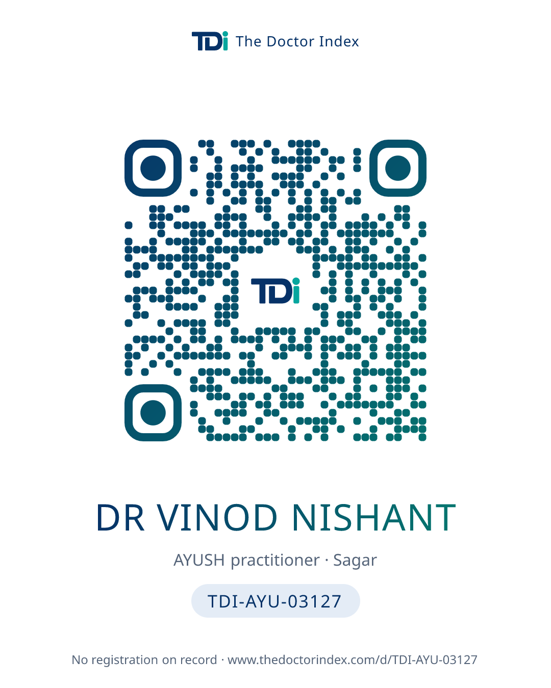 QR card for Dr Vinod Nishant, TDI-AYU-03127