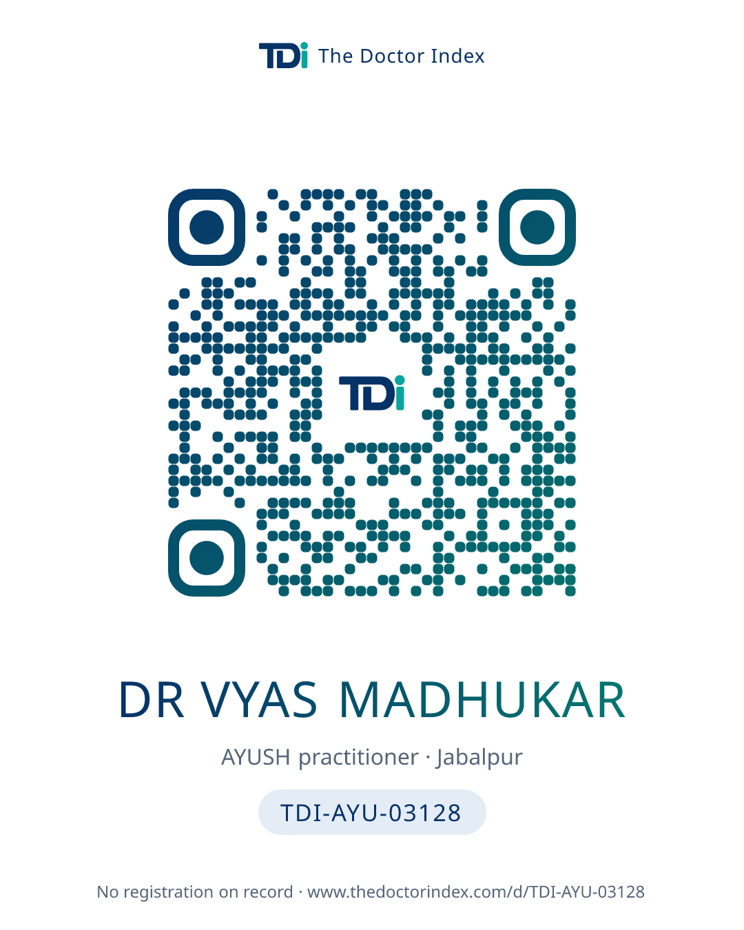 QR card for Dr Vyas Madhukar, TDI-AYU-03128