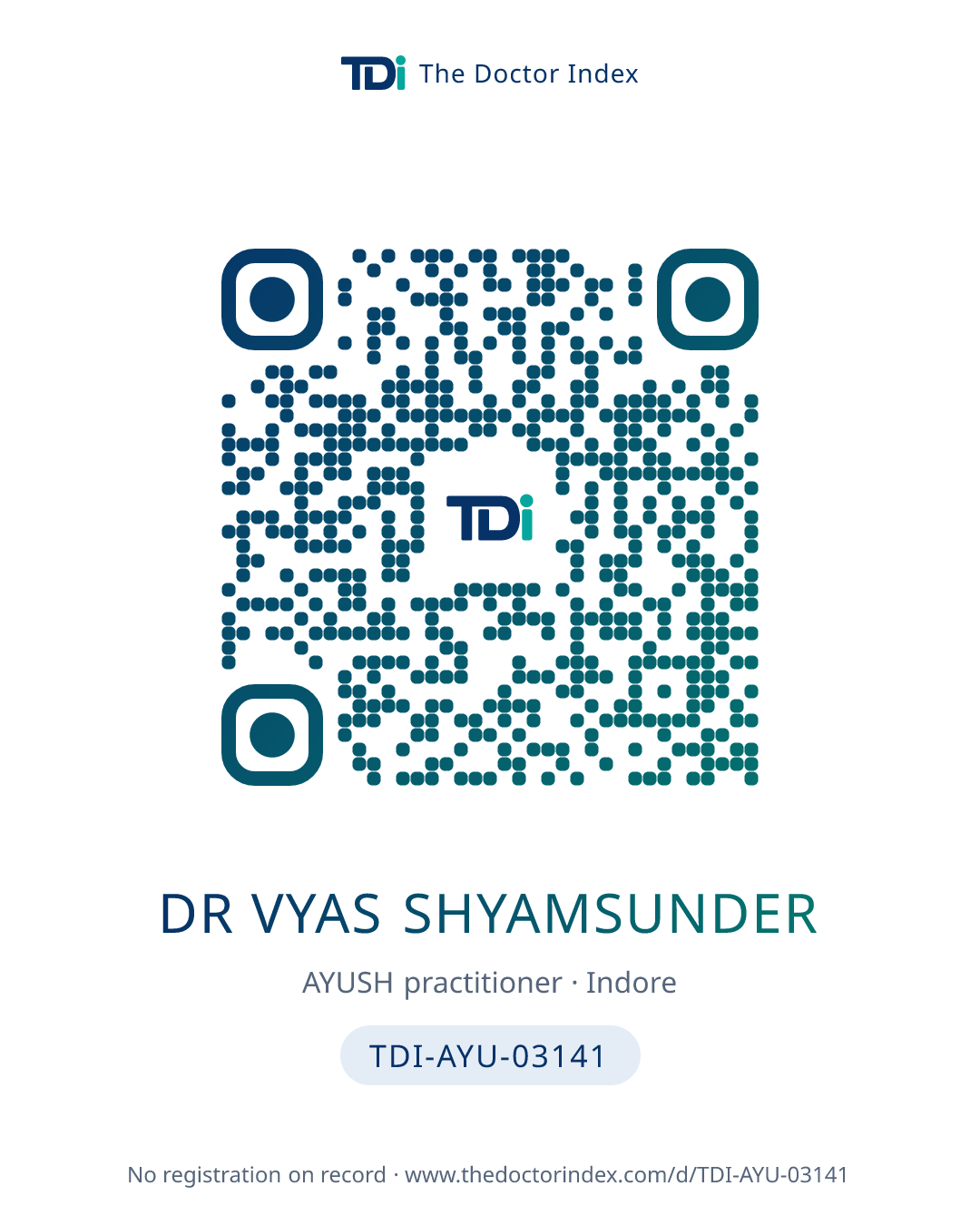 QR card for Dr Vyas Shyamsunder, TDI-AYU-03141