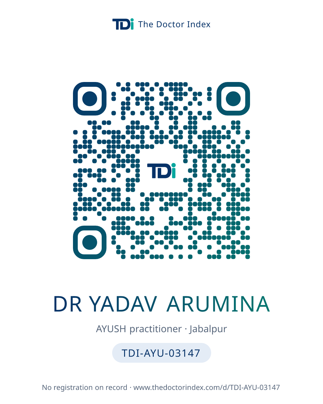 QR card for Dr Yadav Arumina, TDI-AYU-03147
