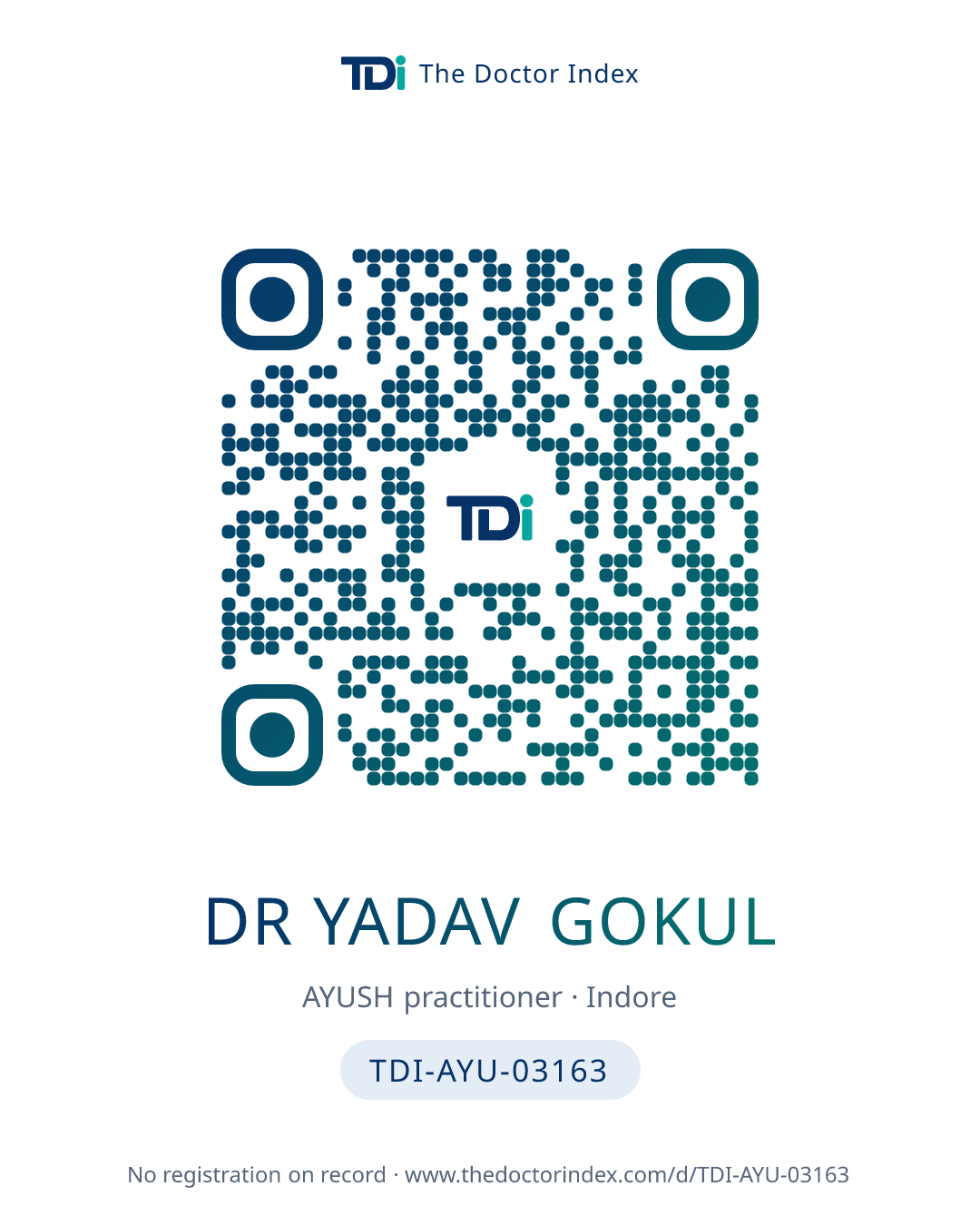QR card for Dr Yadav Gokul, TDI-AYU-03163