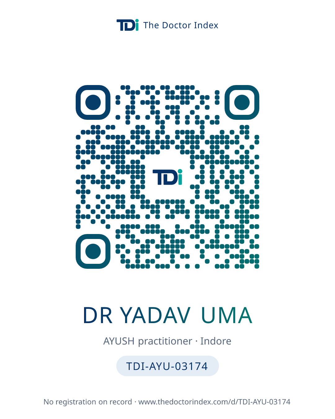 QR card for Dr Yadav Uma, TDI-AYU-03174