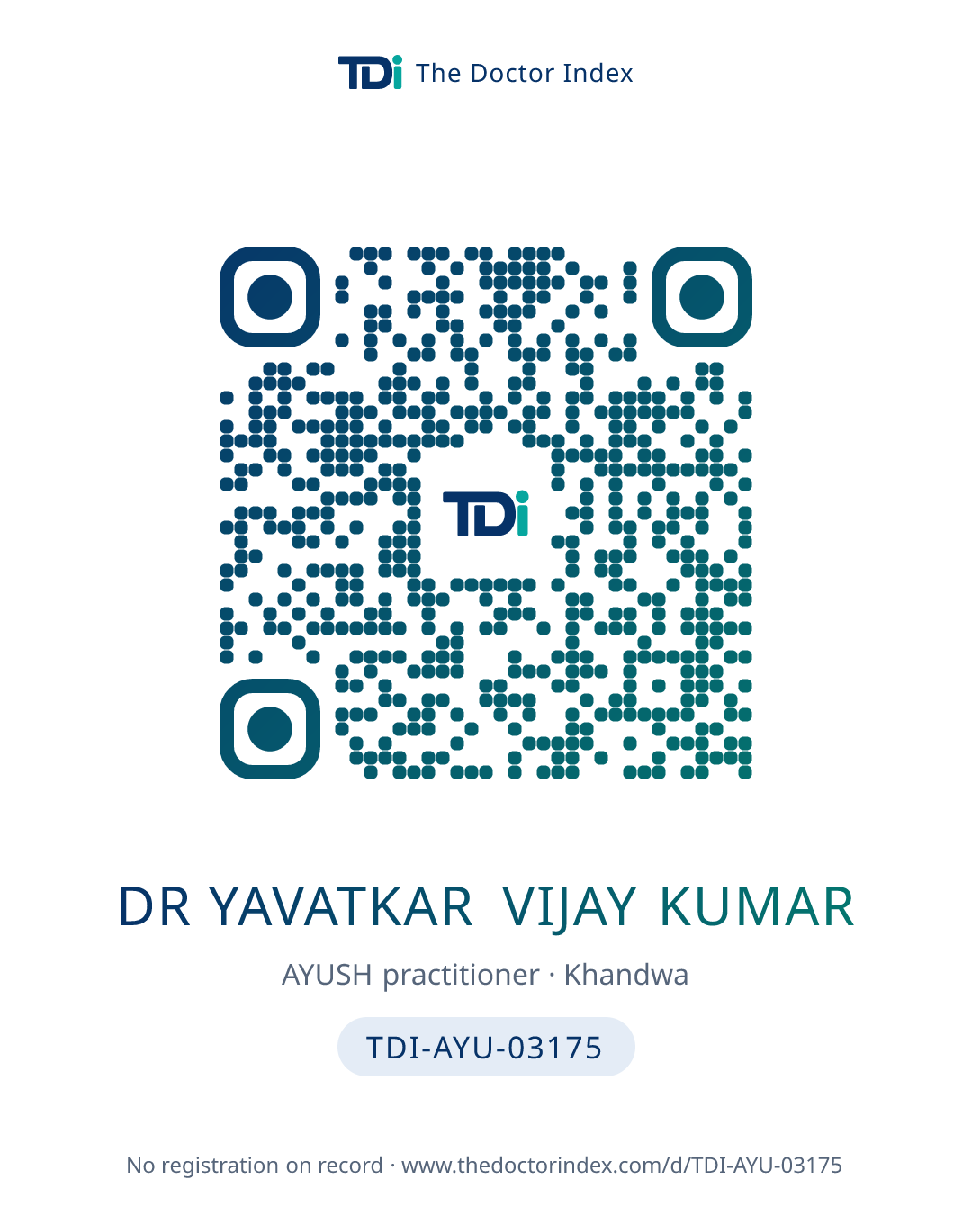 QR card for Dr Yavatkar Vijay Kumar, TDI-AYU-03175