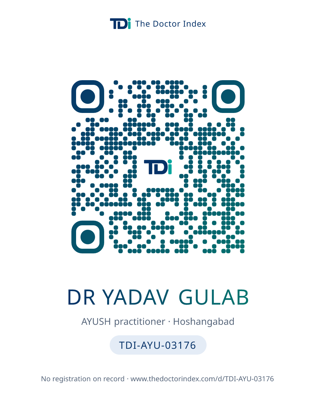 QR card for Dr Yadav Gulab, TDI-AYU-03176
