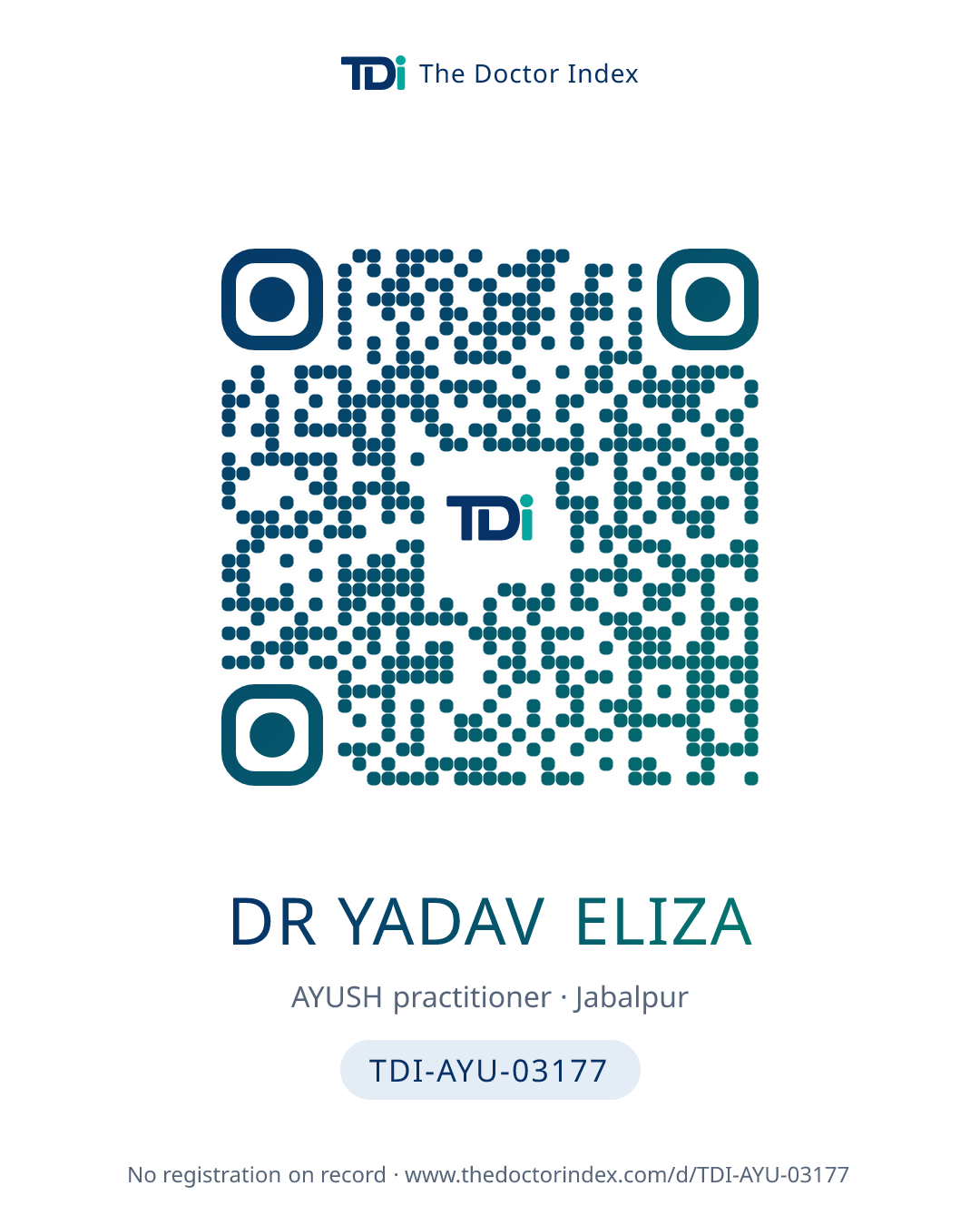 QR card for Dr Yadav Eliza, TDI-AYU-03177