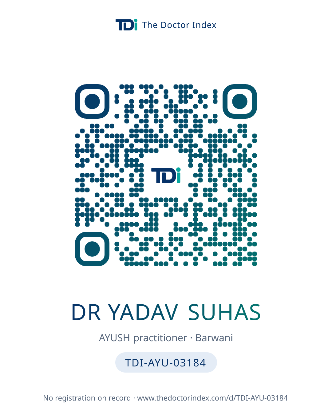 QR card for Dr Yadav Suhas, TDI-AYU-03184