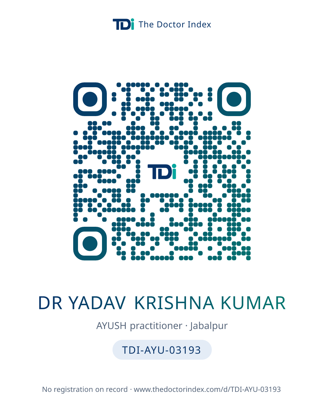 QR card for Dr Yadav Krishna Kumar, TDI-AYU-03193