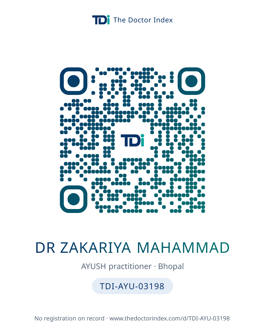 QR card for Dr Zakariya Mahammad, TDI-AYU-03198