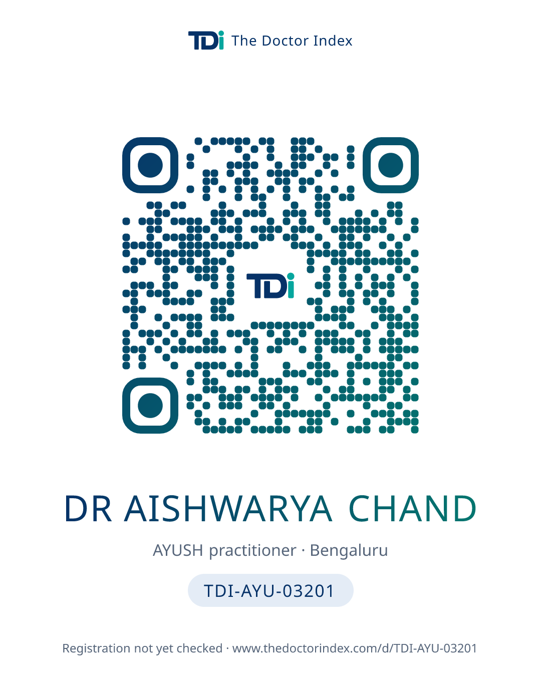 QR card for Dr Aishwarya Chand, TDI-AYU-03201