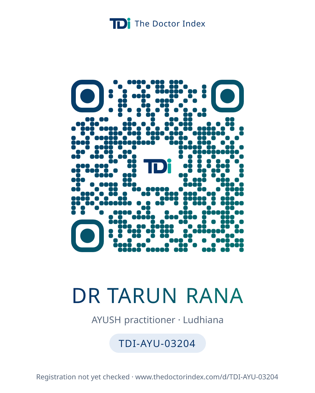 QR card for Dr Tarun Rana, TDI-AYU-03204