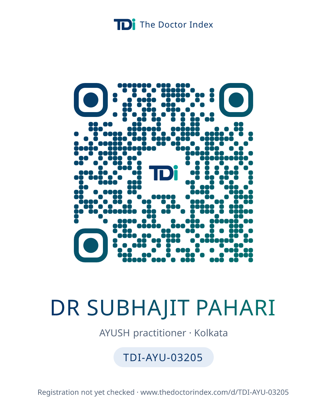 QR card for Dr Subhajit Pahari, TDI-AYU-03205