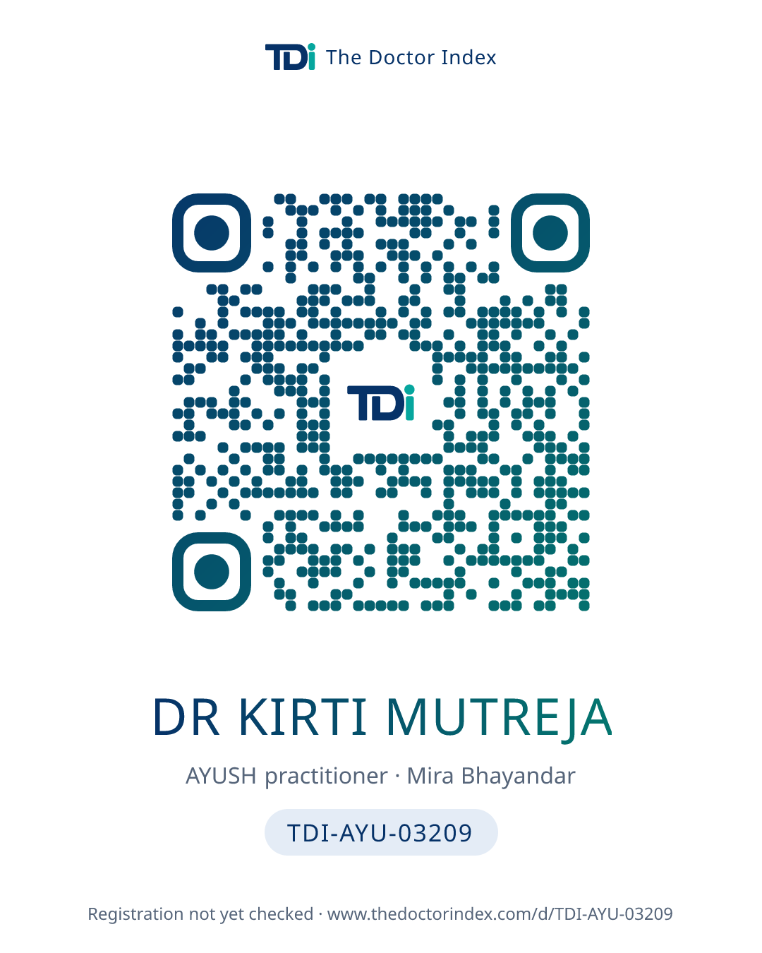 QR card for Dr Kirti Mutreja, TDI-AYU-03209