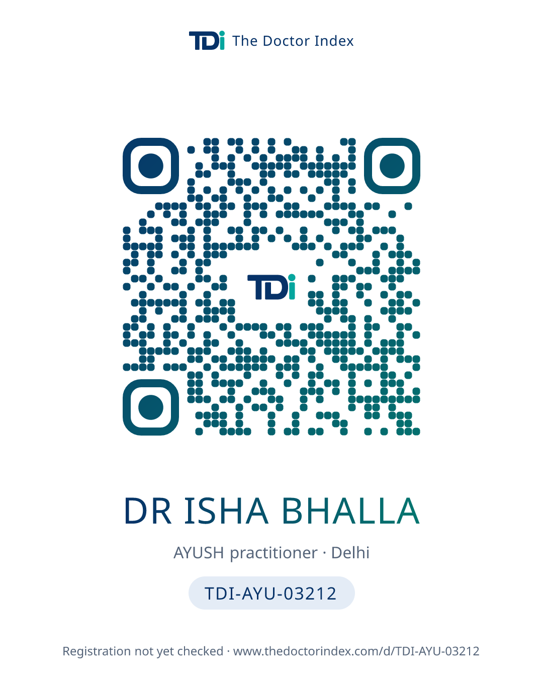 QR card for Dr Isha Bhalla, TDI-AYU-03212