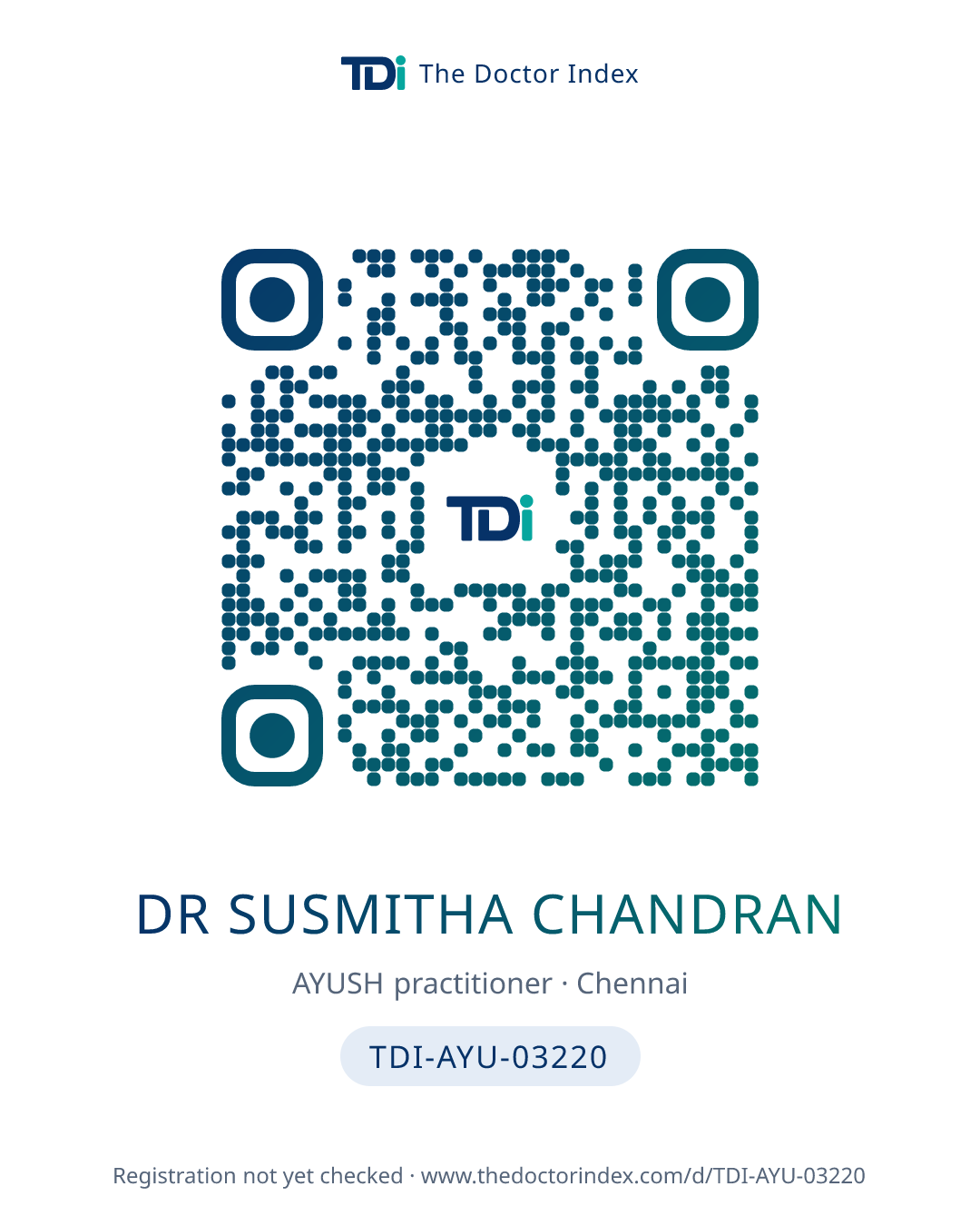 QR card for Dr Susmitha Chandran, TDI-AYU-03220