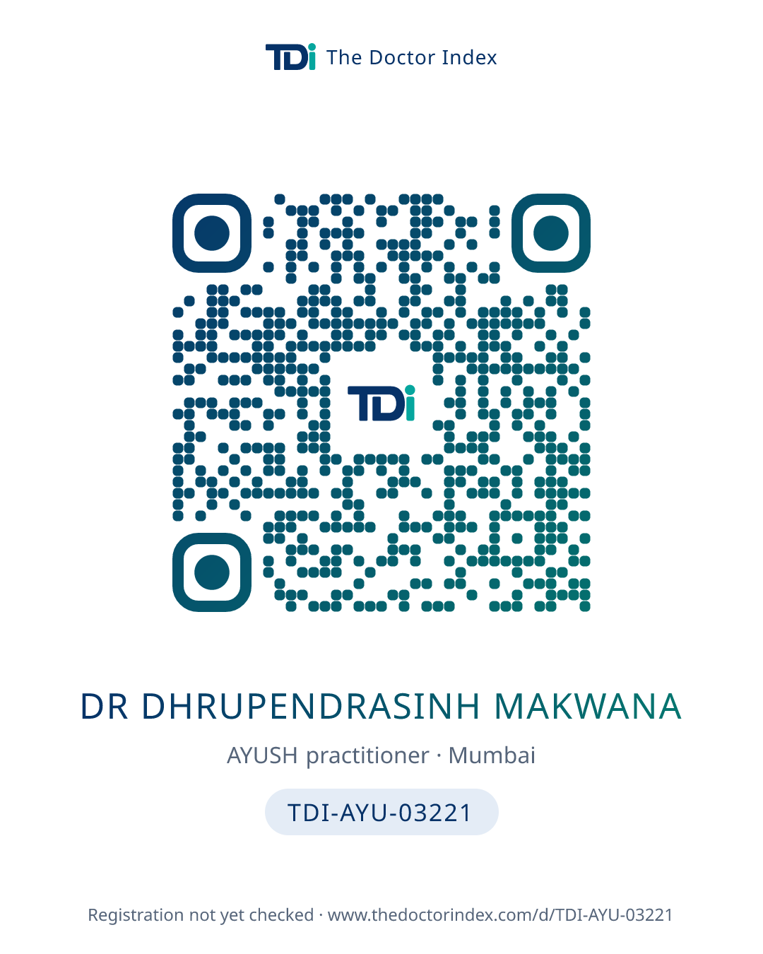 QR card for Dr Dhrupendrasinh Makwana, TDI-AYU-03221