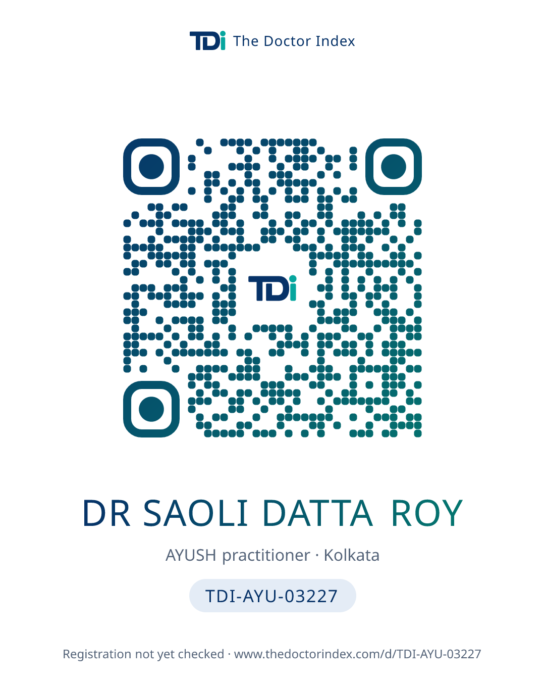 QR card for Dr Saoli Datta Roy, TDI-AYU-03227