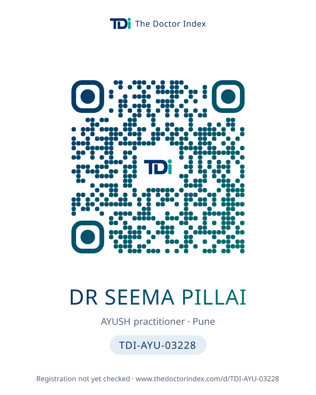 QR card for Dr Seema Pillai, TDI-AYU-03228