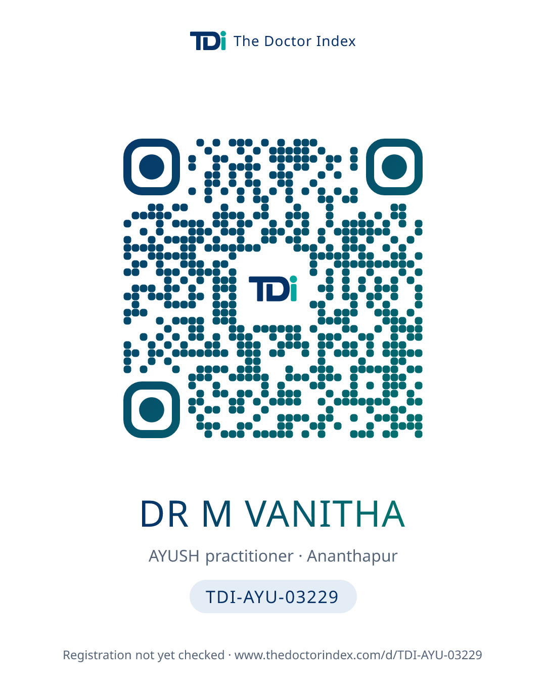 QR card for Dr M Vanitha, TDI-AYU-03229