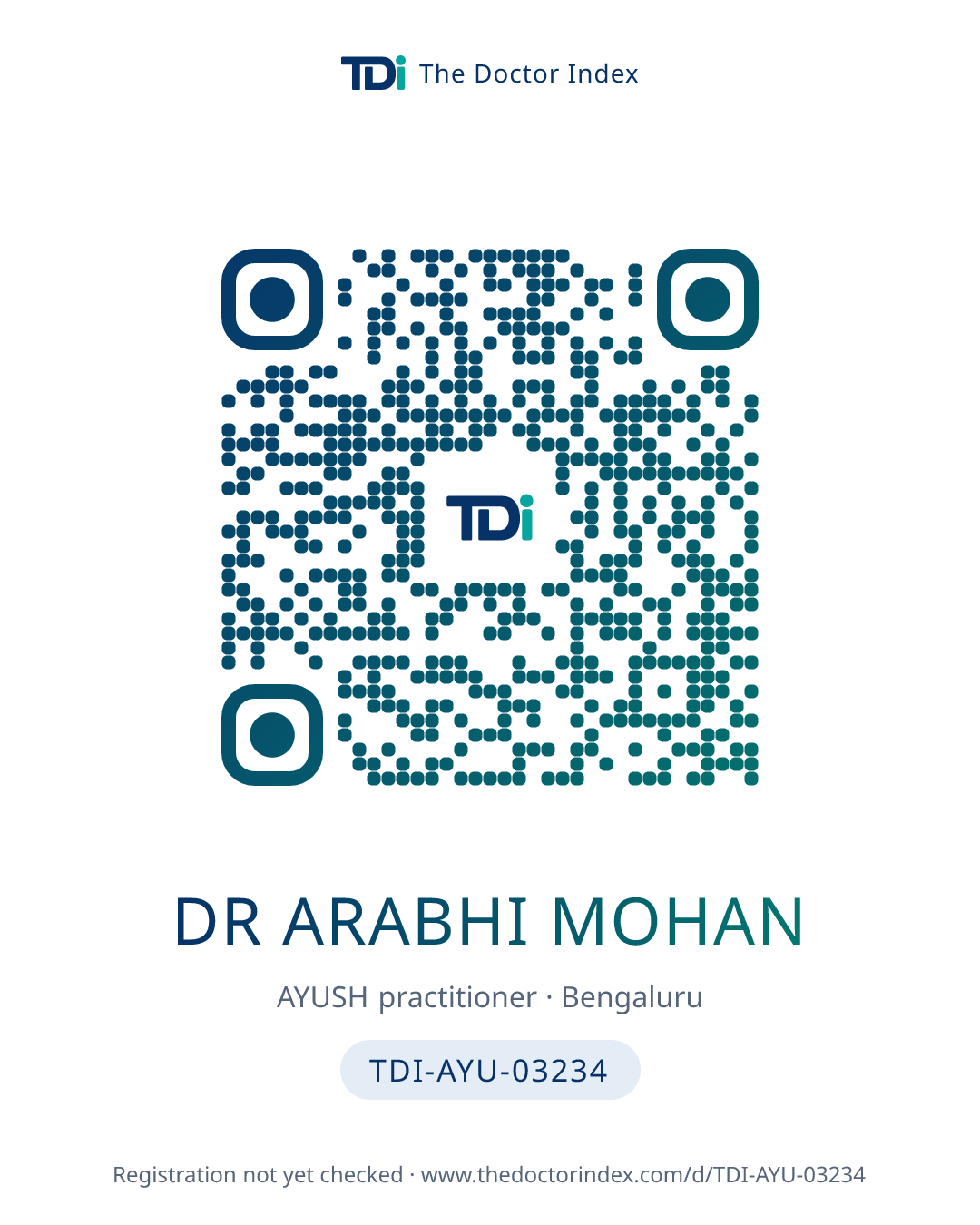 QR card for Dr Arabhi Mohan, TDI-AYU-03234