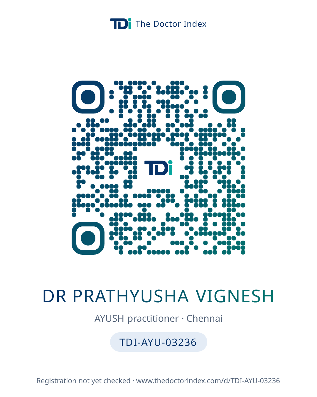 QR card for Dr Prathyusha Vignesh, TDI-AYU-03236