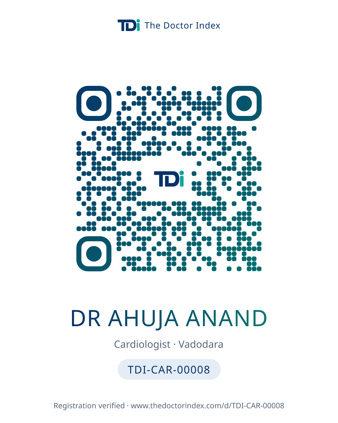 QR card for Dr Ahuja Anand, TDI-CAR-00008
