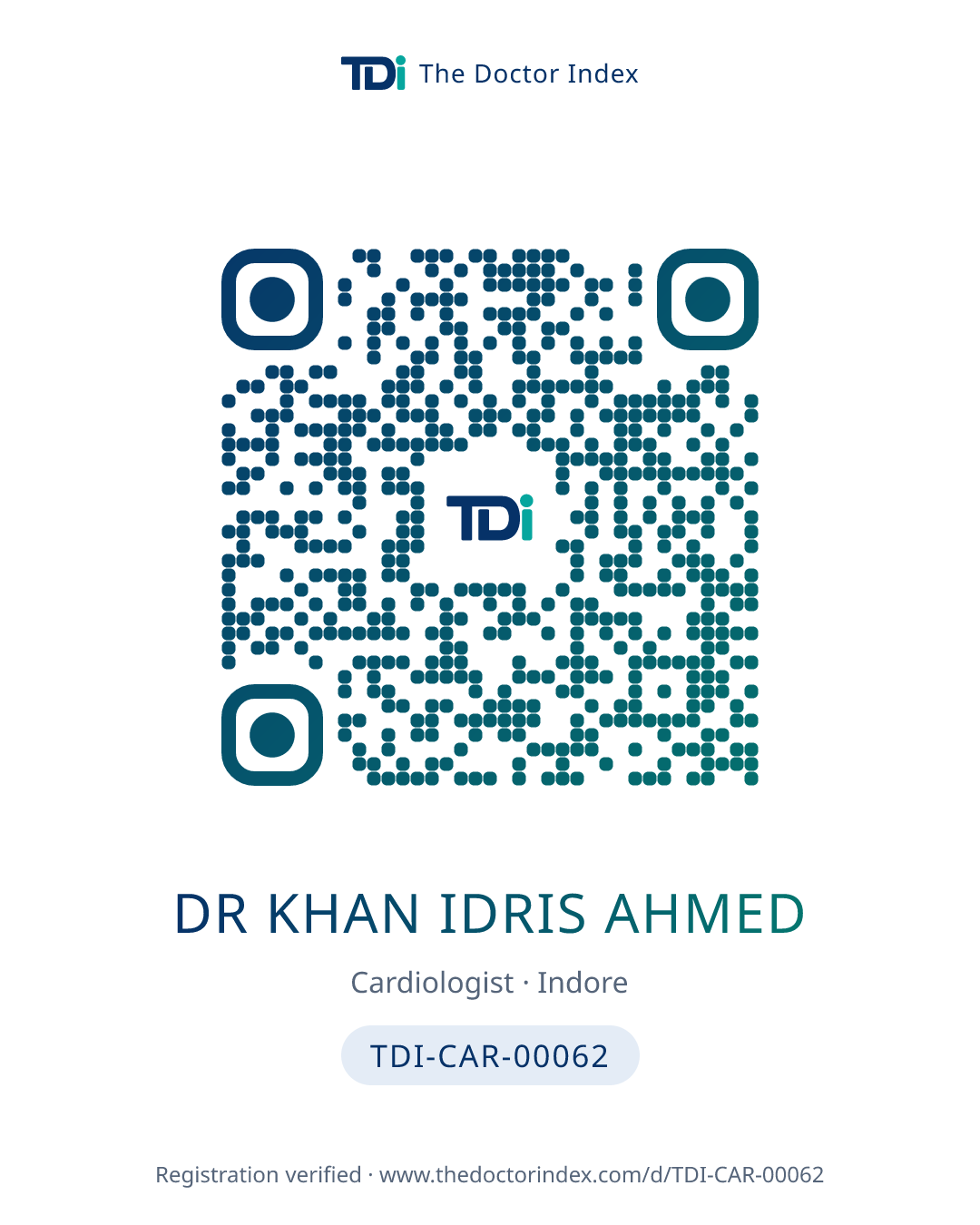 QR card for Dr Khan Idris Ahmed, TDI-CAR-00062