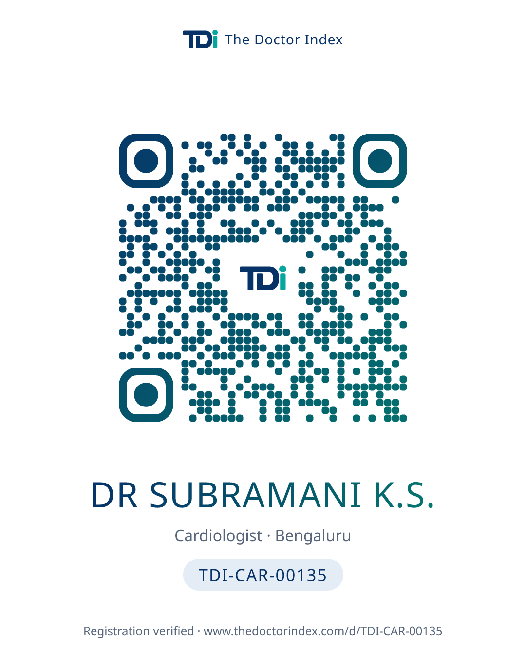 QR card for Dr Subramani K.S., TDI-CAR-00135