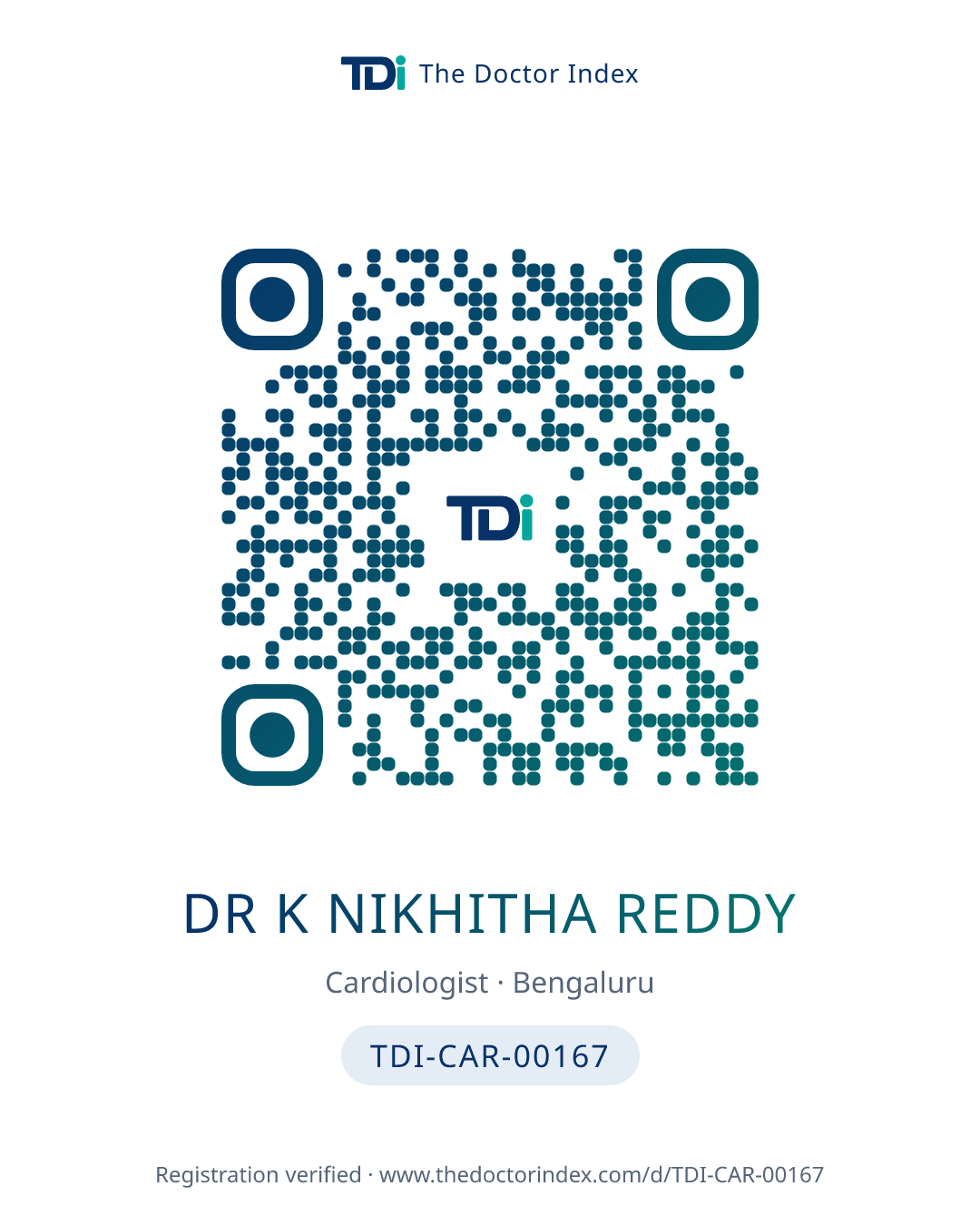 QR card for Dr K Nikhitha Reddy, TDI-CAR-00167