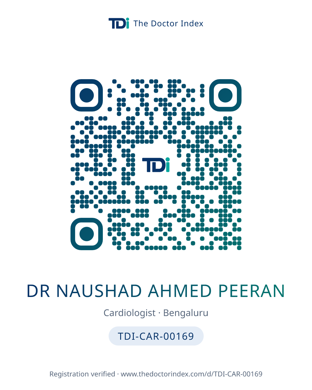 QR card for Dr Naushad Ahmed Peeran, TDI-CAR-00169