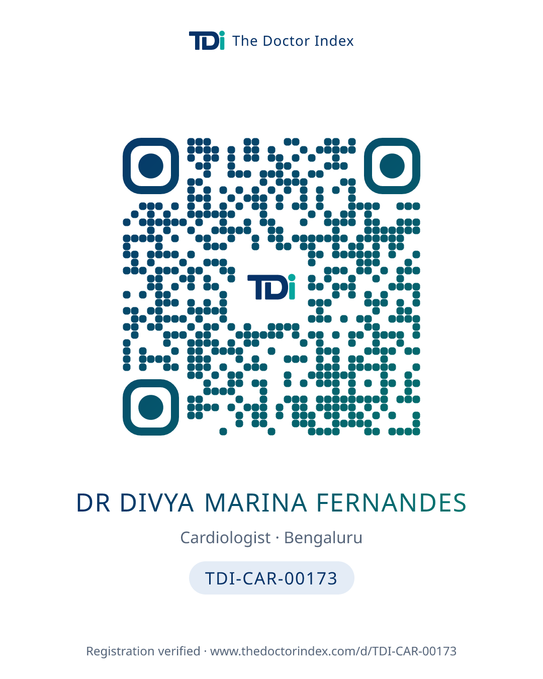 QR card for Dr Divya Marina Fernandes, TDI-CAR-00173