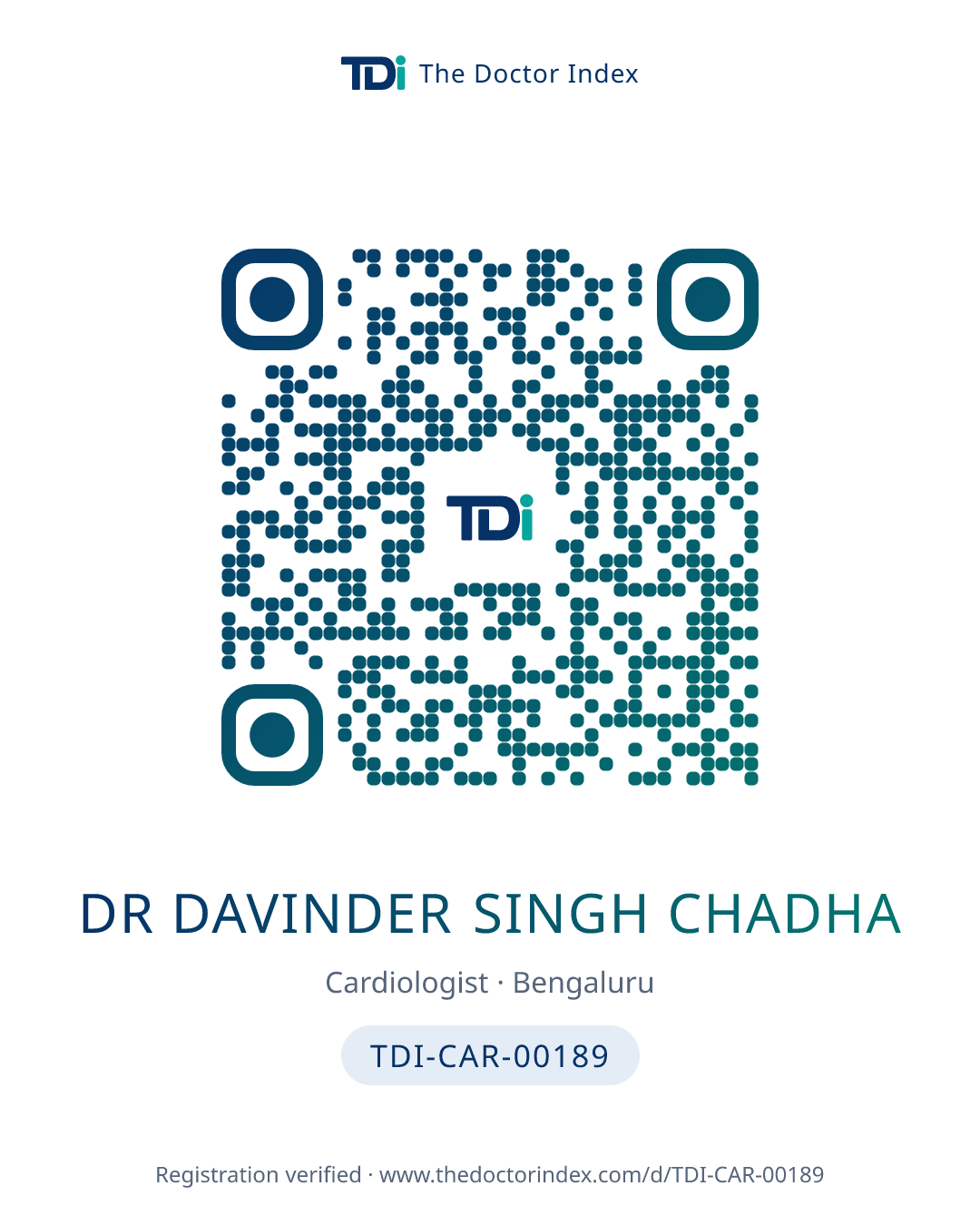 QR card for Dr Davinder Singh Chadha, TDI-CAR-00189