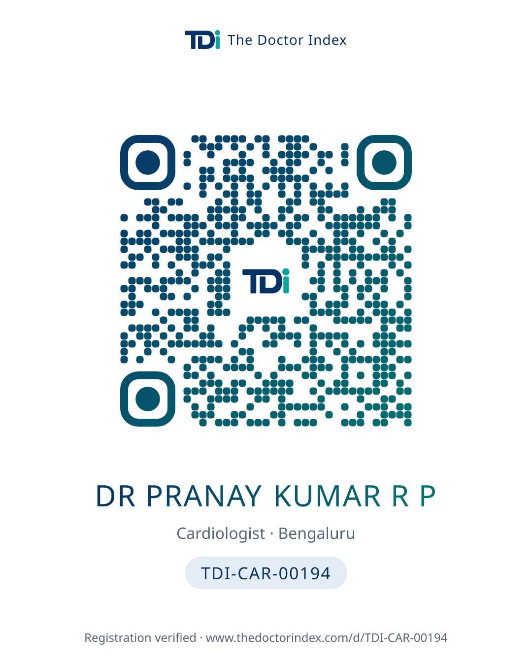 QR card for Dr Pranay Kumar R P, TDI-CAR-00194