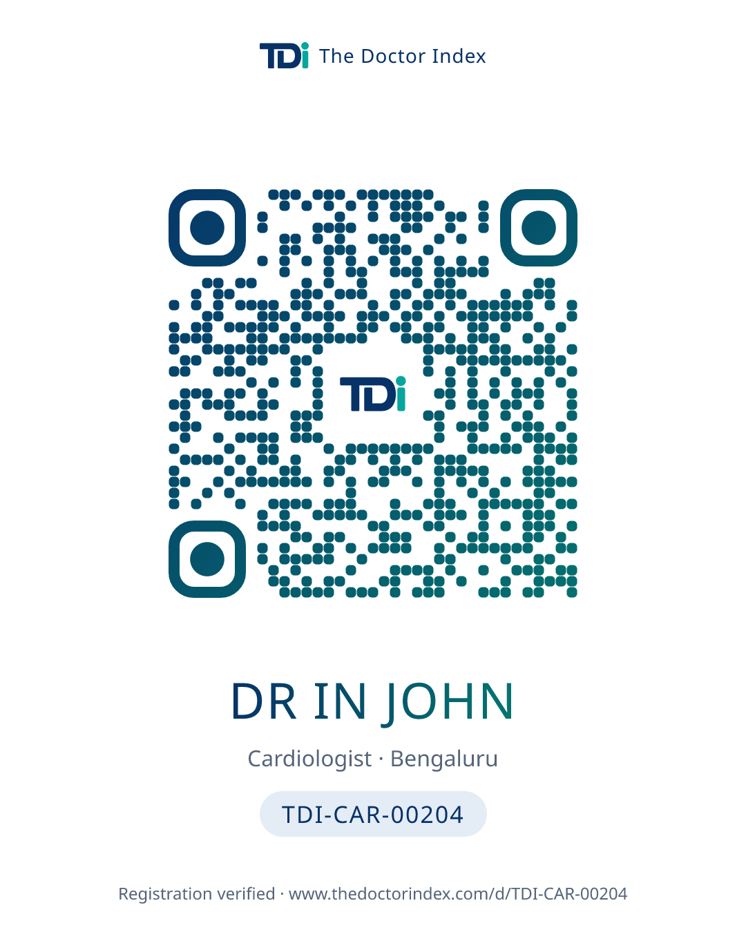 QR card for Dr in John, TDI-CAR-00204